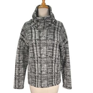 Columbia Plaid Fleece Pullover Sweater Womens Small Gray Black Cowl Neck Cozy